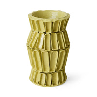 Large yellow Sculptural Vase styled in a living room