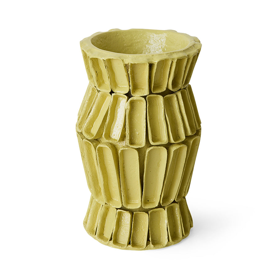 Large yellow Sculptural Vase styled in a living room