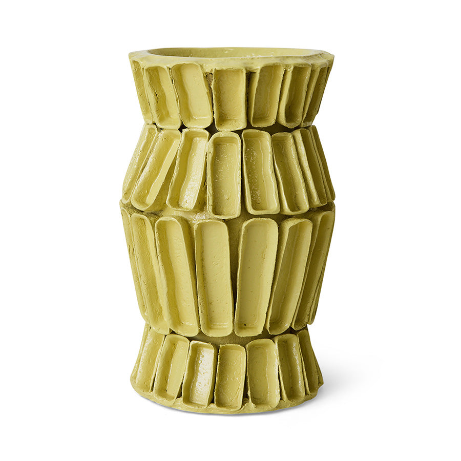 Sculptural ribbed vase in yellow cotton maché by HKLIVING, large