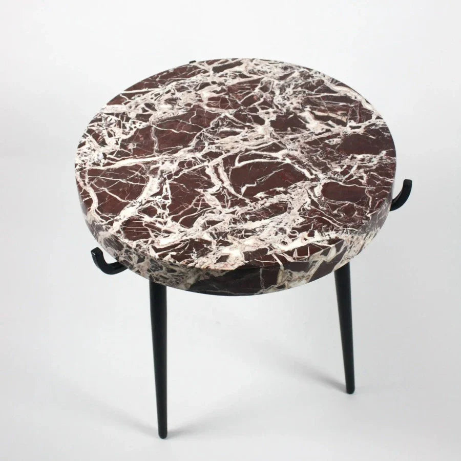 tripod black iron legged end table with a generous highly polished red marble top from swedish home design olson and jensen. red marble with a large amount of white veining