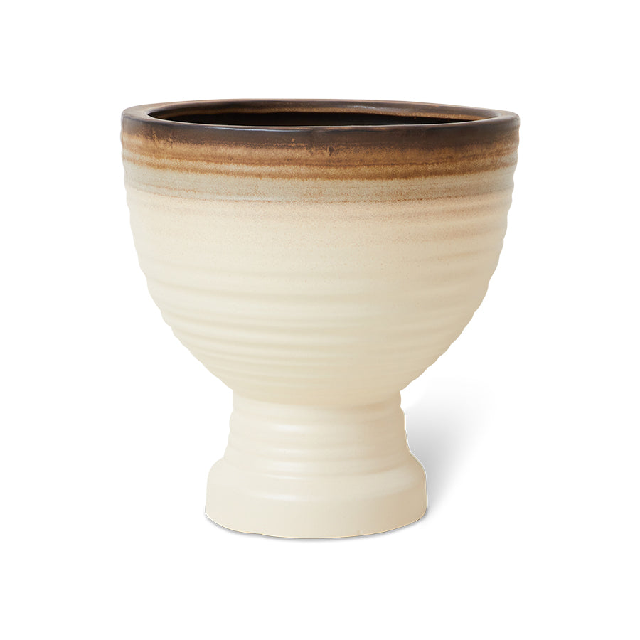 Ribbed Stoneware Pedestal Planter in Vanilla by HKLIVING, front view on white background