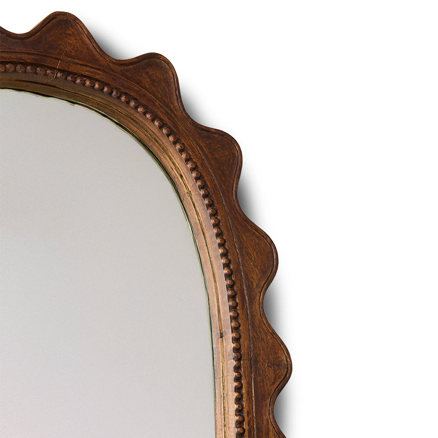 Close-up of the beaded, scalloped edge detail on the HKLIVING wooden ripple mirror frame
