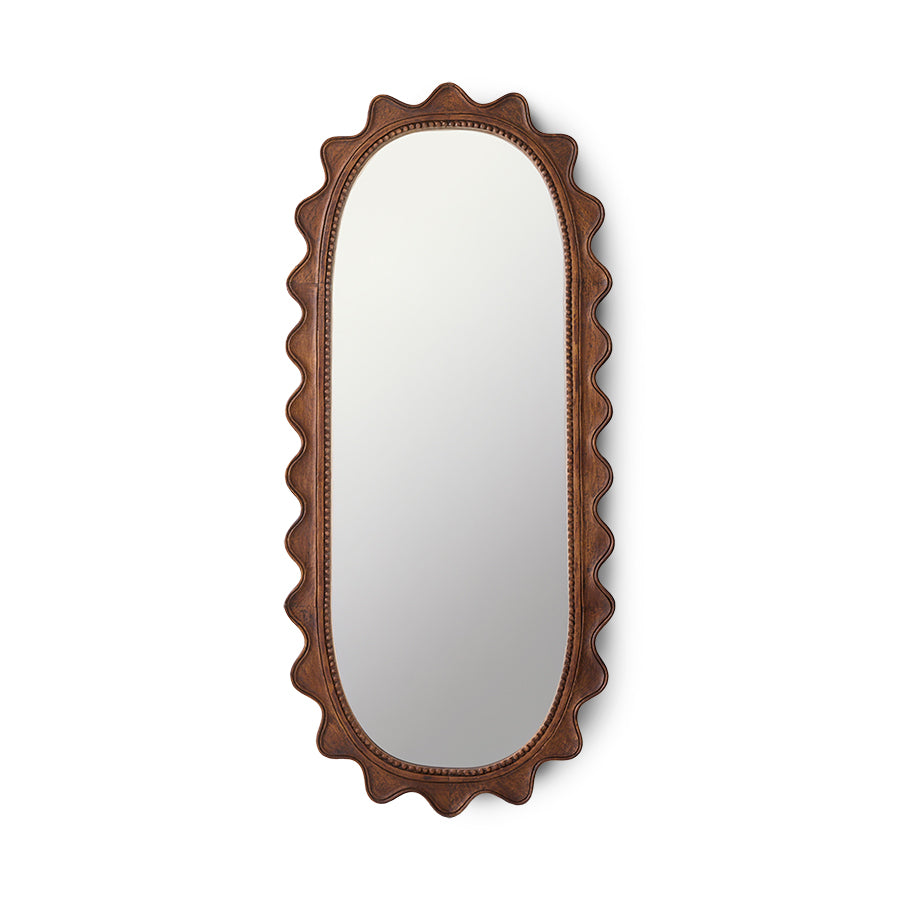 Oval wooden ripple mirror by HKLIVING with a scalloped mango wood frame, on a plain white background