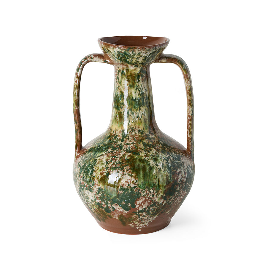 Robust Amphora Vase, Barn by HKLIVING on a white background, showing the rounded body and two tall loop handles in a moss green and clay reactive glaze