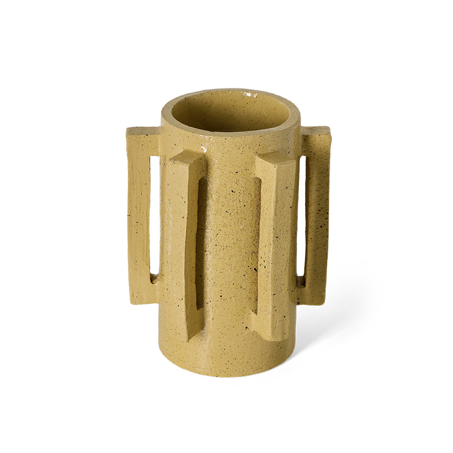 Robust Ceramic Vase in Mustard by HKLIVING – angled view showing speckled mustard glaze