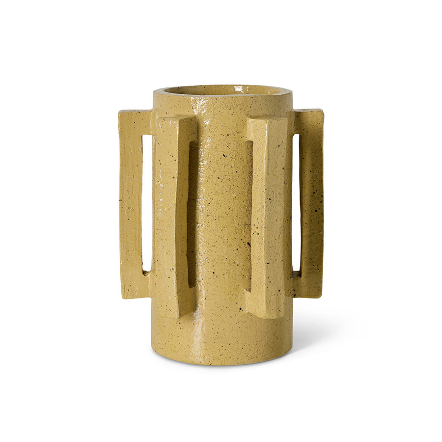 Robust Ceramic Vase in Mustard by HKLIVING – front view of vase with architectural handles