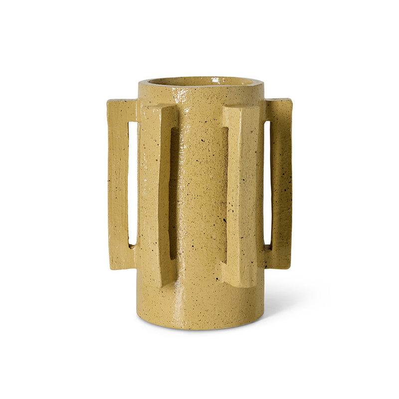 Robust Ceramic Vase in Mustard by HKLIVING – front view of vase with architectural handles