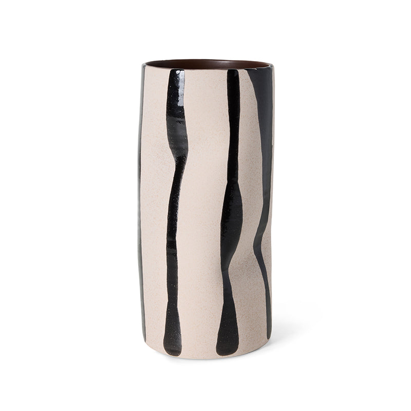 Mono Vase, Sand/Black by HKLIVING on a white background, showing the cylindrical silhouette with organic black stripes on a warm sand base