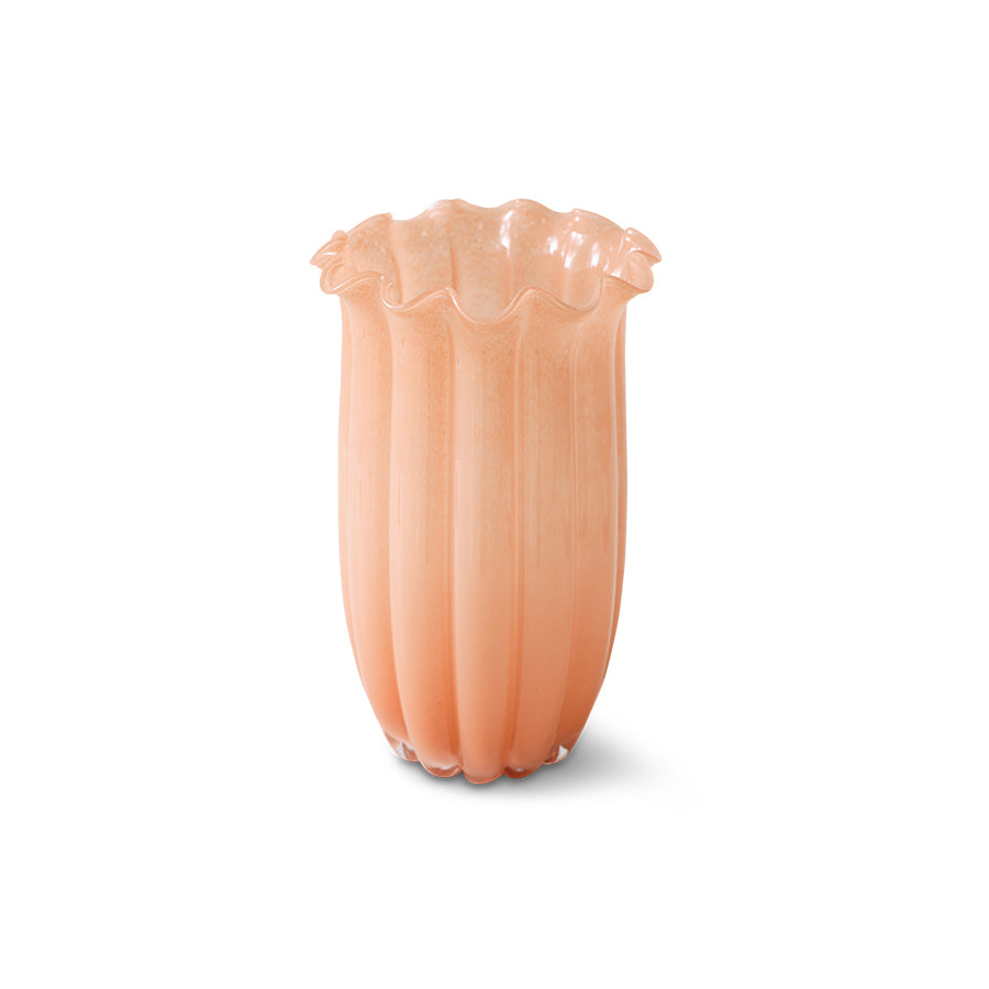 Ribbed glass vase in peach by HKLIVING, front view on a white background showing the ribbed glass texture