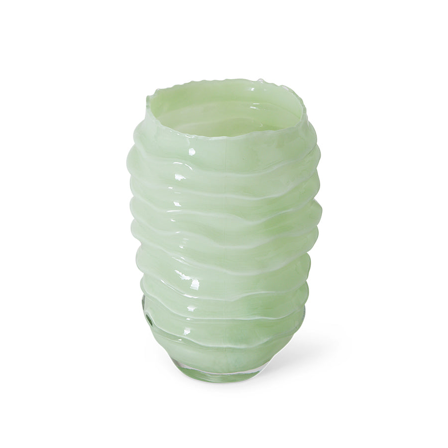 Ribble Glass Vase in Mint by HKLIVING, front view showing the rippled wave texture running around the vase