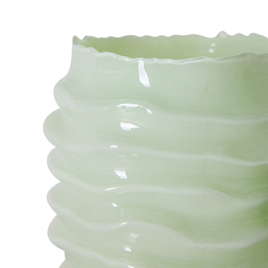Close-up of the Ribble Glass Vase in Mint by HKLIVING, showing the hand-finished ribbed rim and wave texture in detail