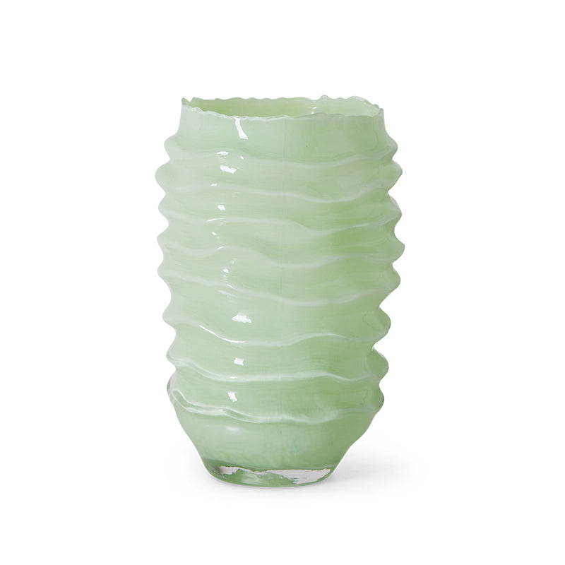 Ribble Glass Vase in Mint by HKLIVING, ribbed wave-textured glass vase on a plain white background