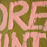 Close-up of the hand-painted lettering on the HKLIVING Pocket Exhibit 'Manifest'