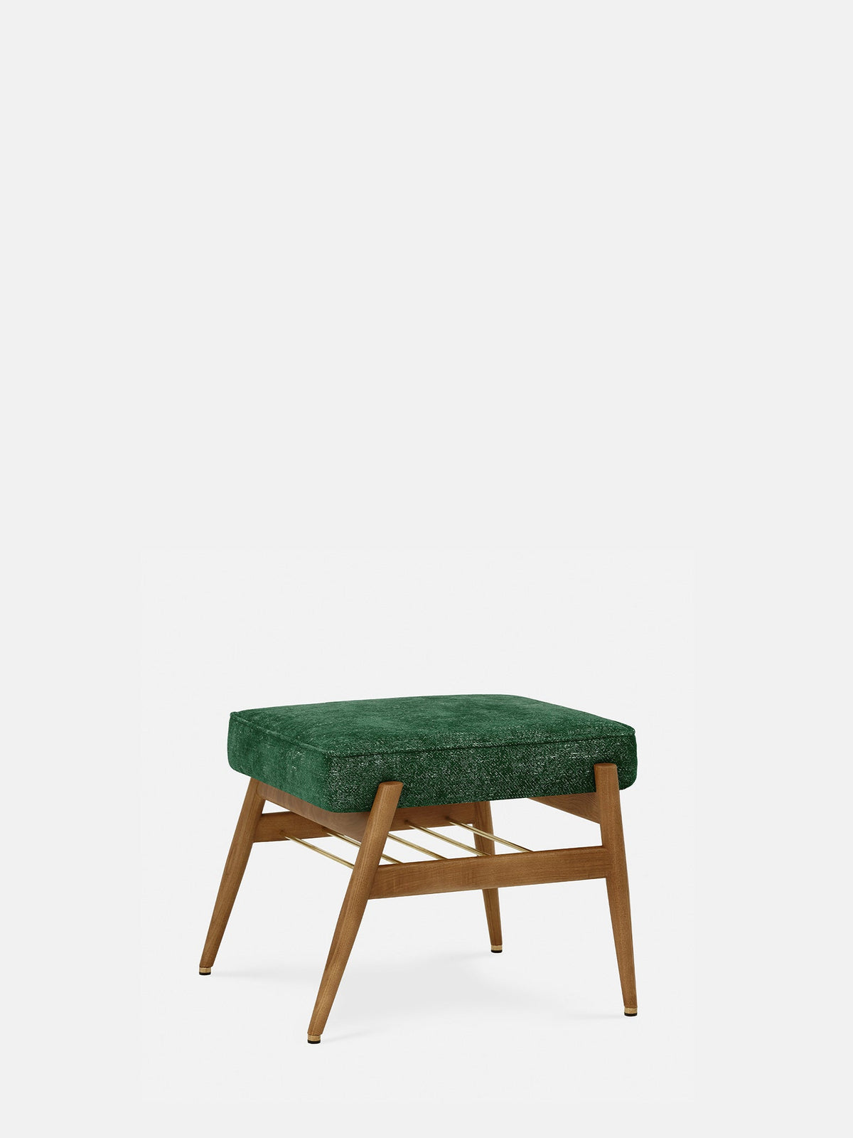 Dark green fabric footstool with tapered wooden legs and a brass stretcher bar, studio product shot