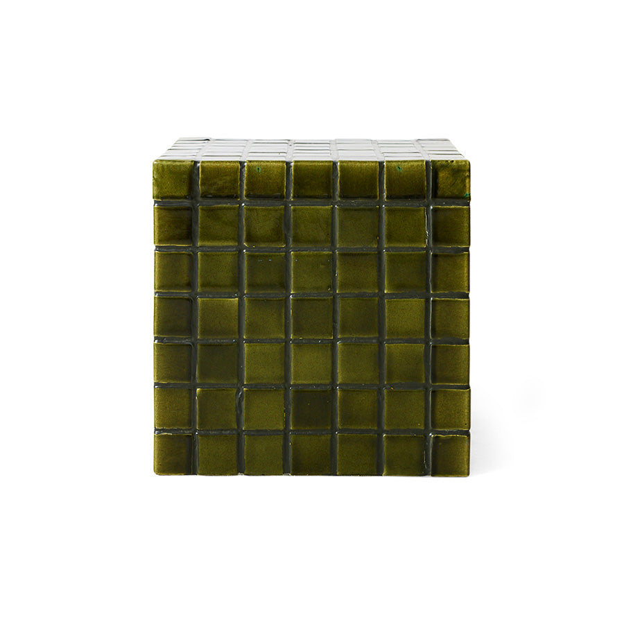 Tiled Side Table in Moss by HKLIVING – front view of hand-glazed ceramic cube table