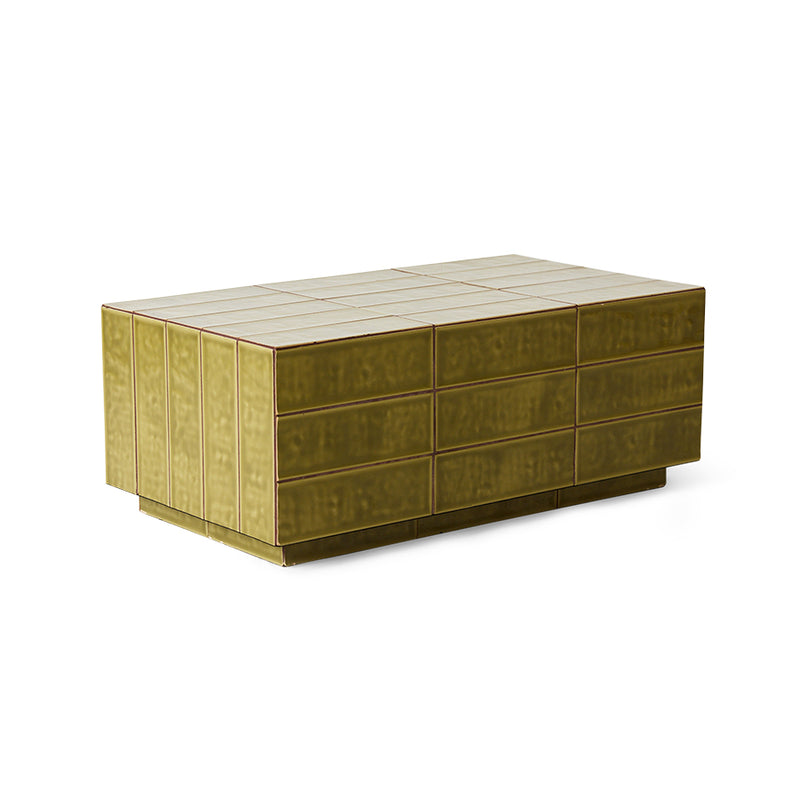 Tiled Coffee Table in Sage by HKLIVING – angled view showing reactive glaze detail