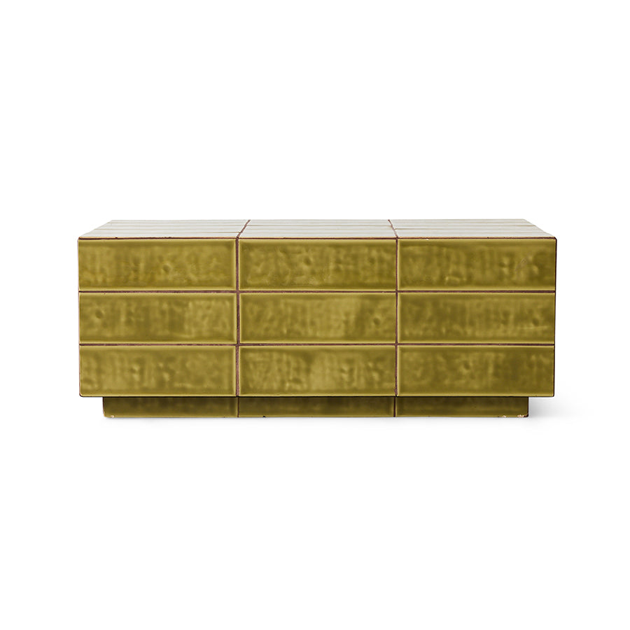Tiled Coffee Table in Sage by HKLIVING – front view of hand-glazed ceramic coffee table