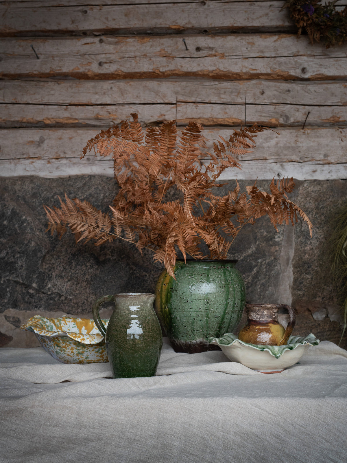 Rustic styling with painterly ceramic bowl and natural textures