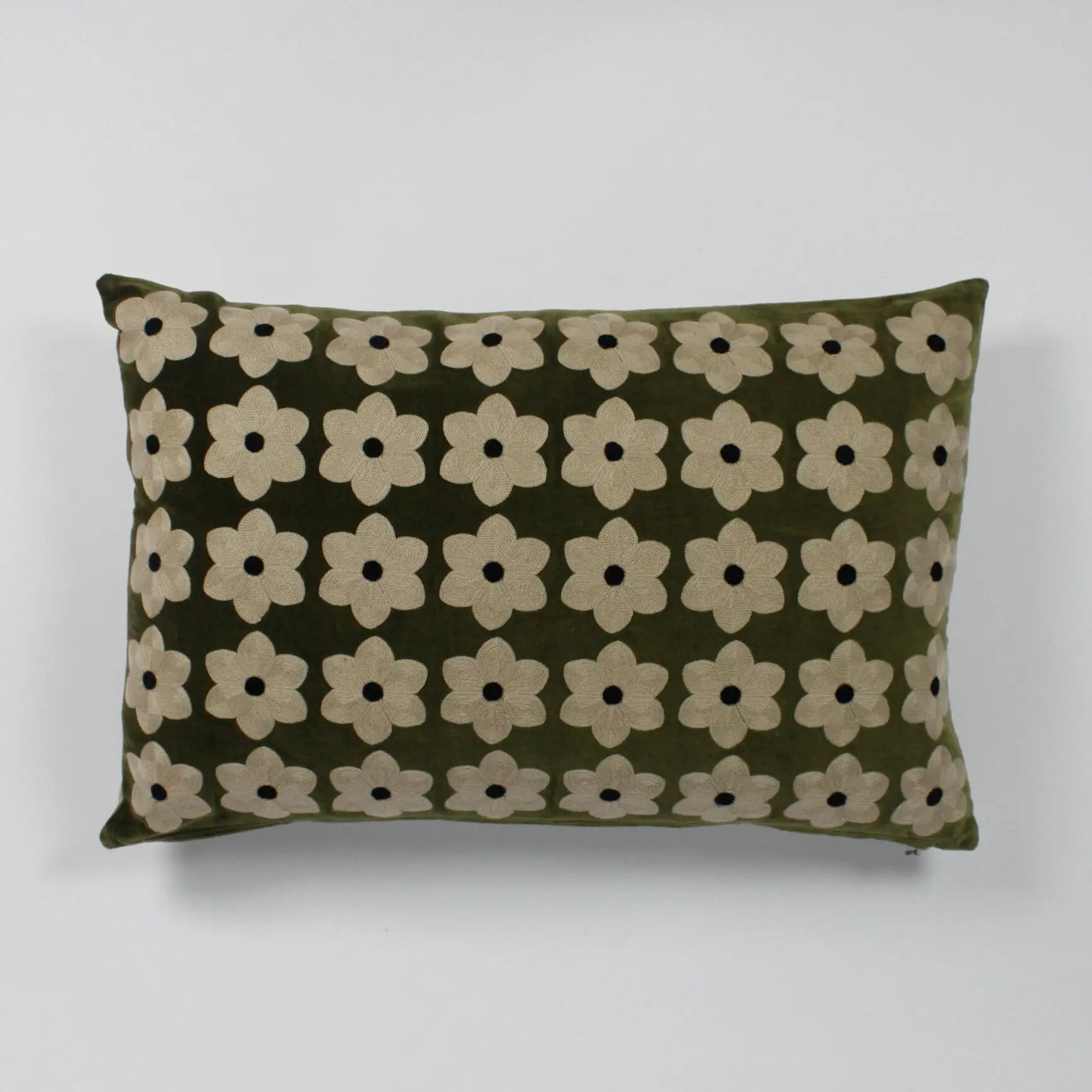 Daisy Cushion Moss Green 40x60cm - Cotton Velvet Cushion with Embroidered Flowers & Feather Down Insert