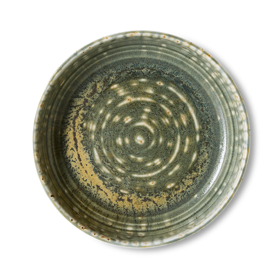 Medium HKLIVING rustic green deep plate from above, with concentric glaze rings