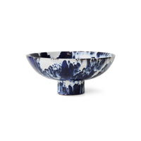 HKLIVING Splatter-Glaze Ceramic Bowl in Indigo, a footed bowl with an indigo splatter glaze over white, on a plain white background