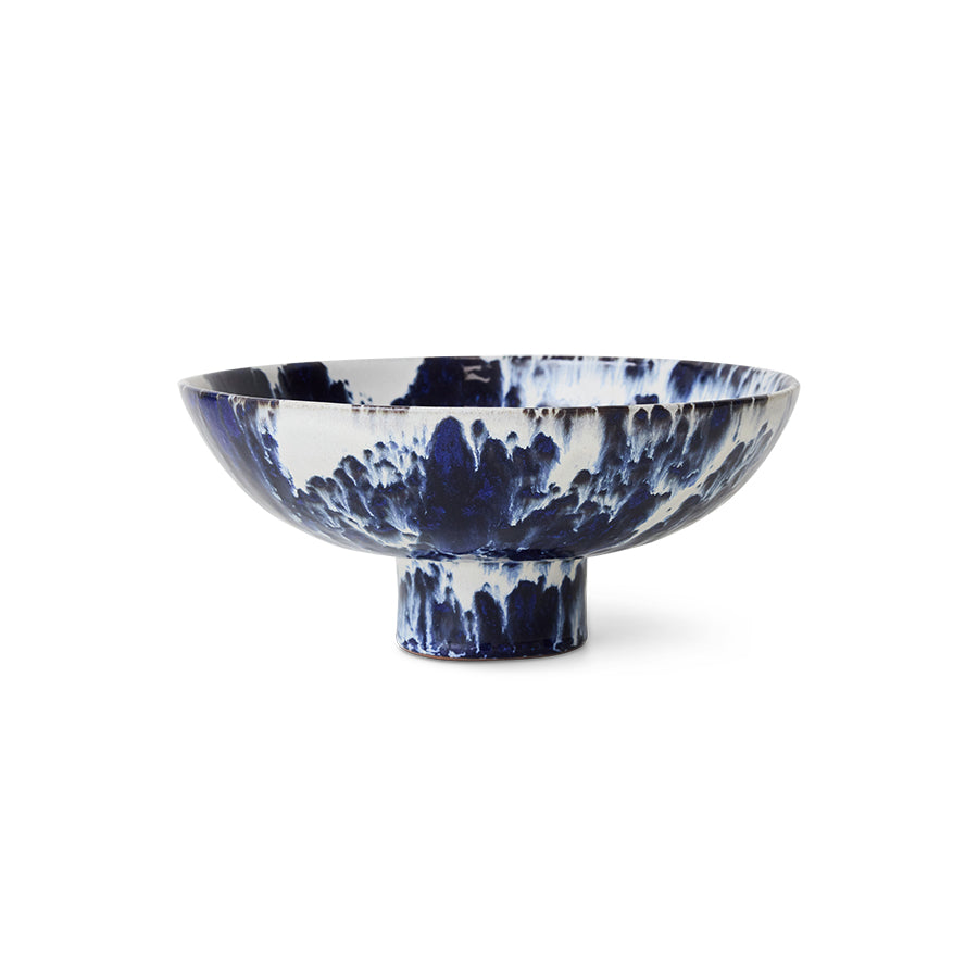 HKLIVING Splatter-Glaze Ceramic Bowl in Indigo, a footed bowl with an indigo splatter glaze over white, on a plain white background