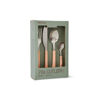 Angled view of the HKLIVING 70s Cutlery peach set in its gift box