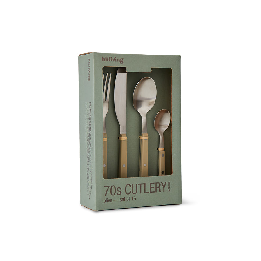 Angled view of the HKLIVING 70s Cutlery olive set in its gift box