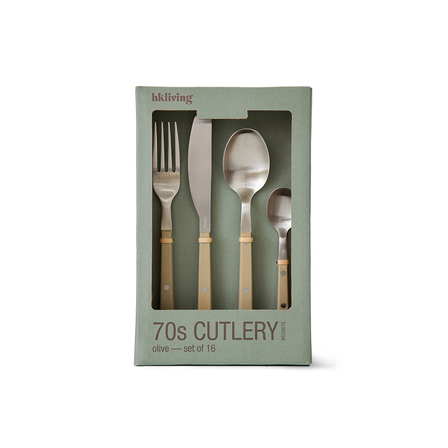 HKLIVING 70s Cutlery set of 16 in olive, shown in its sage green gift box