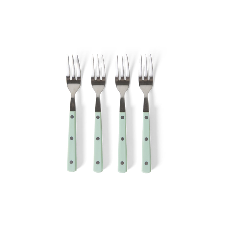 Set of 4 HKLIVING 70s Cutlery dessert forks with mint green handles on a white background