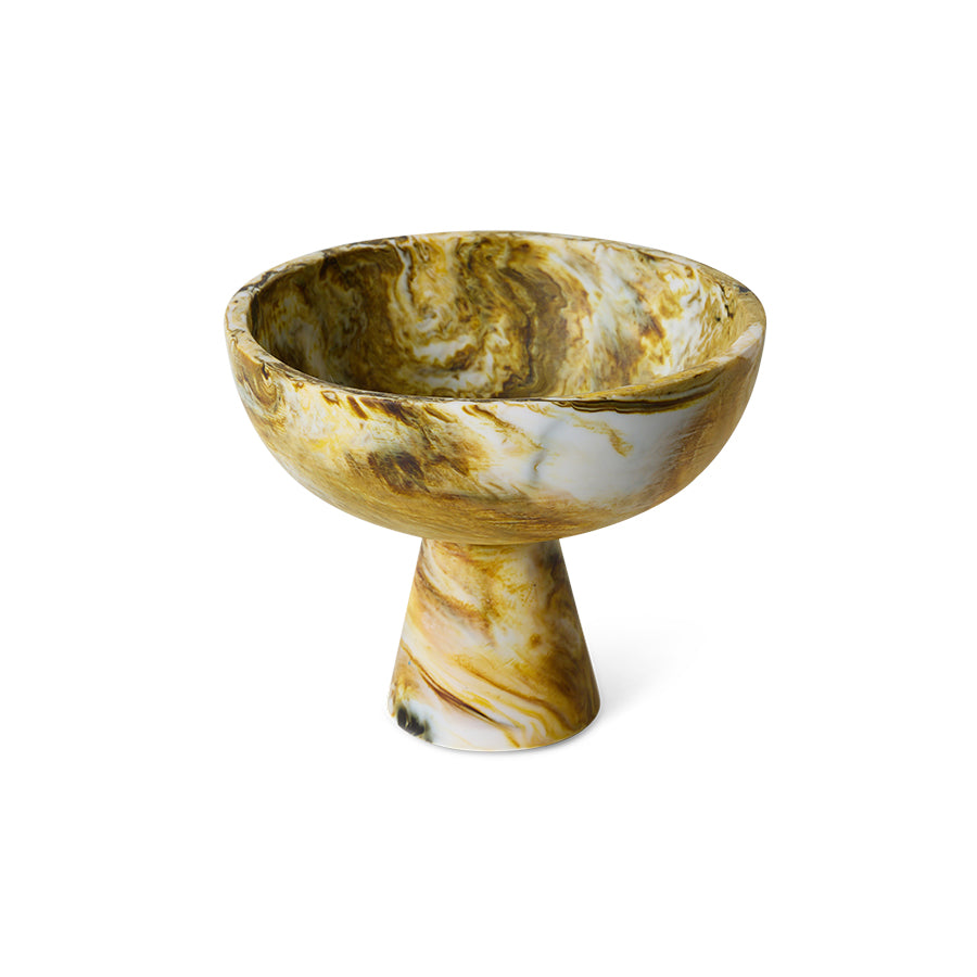 Side angle of the HKLIVING Marbled Bowl on Base in Ochre showing the tapered footed base