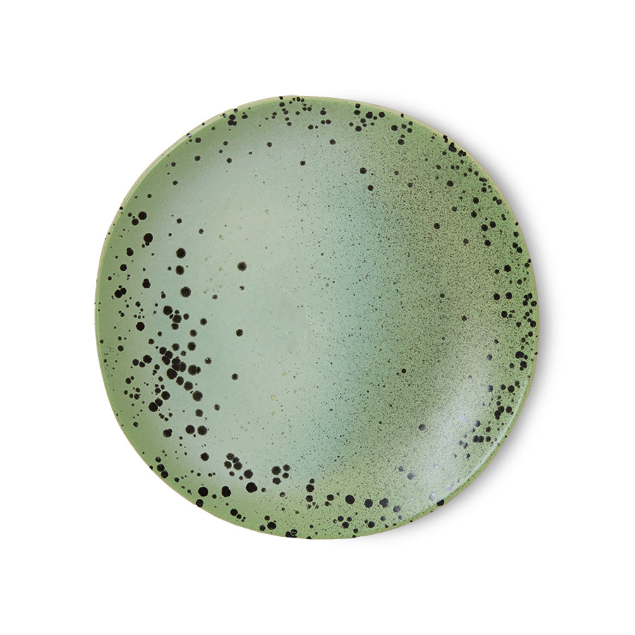 Single HKLIVING Fleck side plate showing the speckled sage green glaze