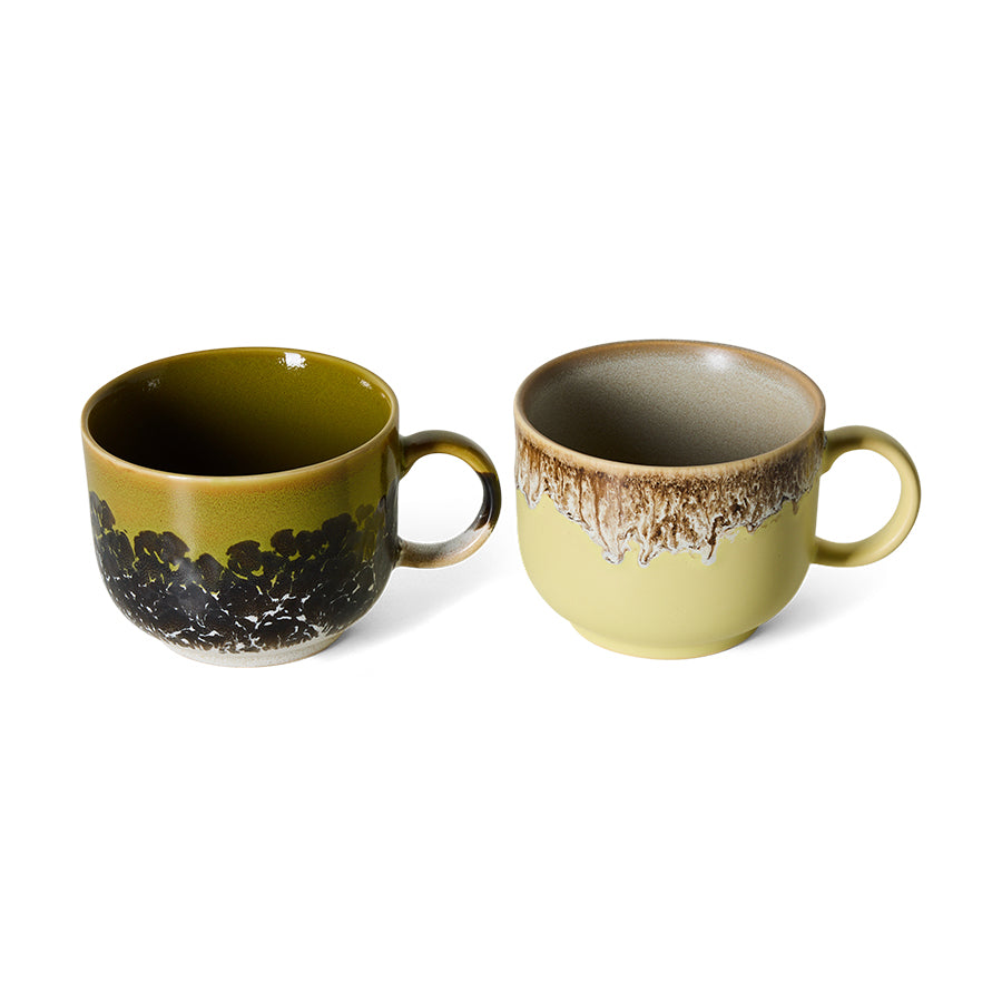 70s Ceramics tea mugs in Cravings, front view showing the two different reactive glazes