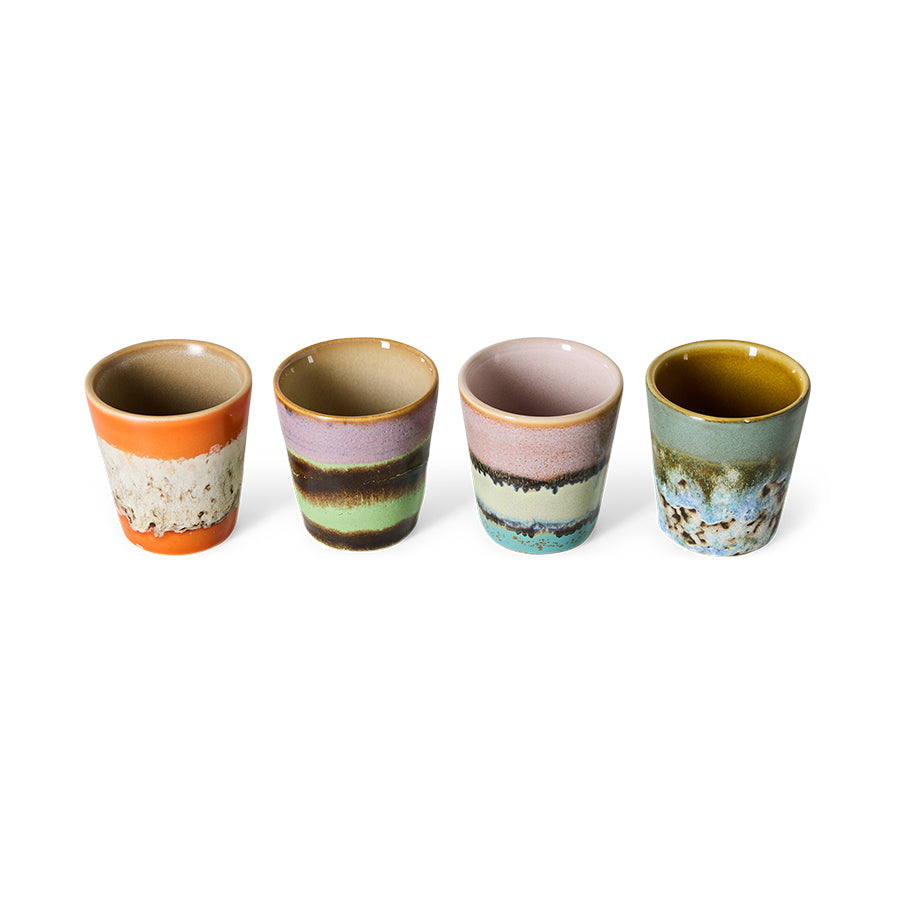 70s Ceramics ristretto mugs in Nostalgia, side view showing the mismatched striped glazes and warm glazed interiors