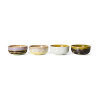70s Ceramics tapas bowls in Sweet, front view showing the four different reactive glazes and warm glazed interiors