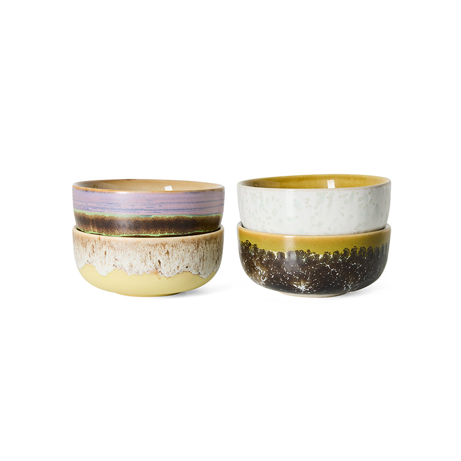 Set of four 70s ceramics tapas bowls in Sweet by HKLIVING, shown side by side in lilac, cream speckle, sage speckle and mustard-brown glazes