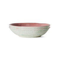 Set of two 70s ceramics curry bowls in Lotus by HKLIVING, stacked showing the dusky pink interior and mint-speckled exterior