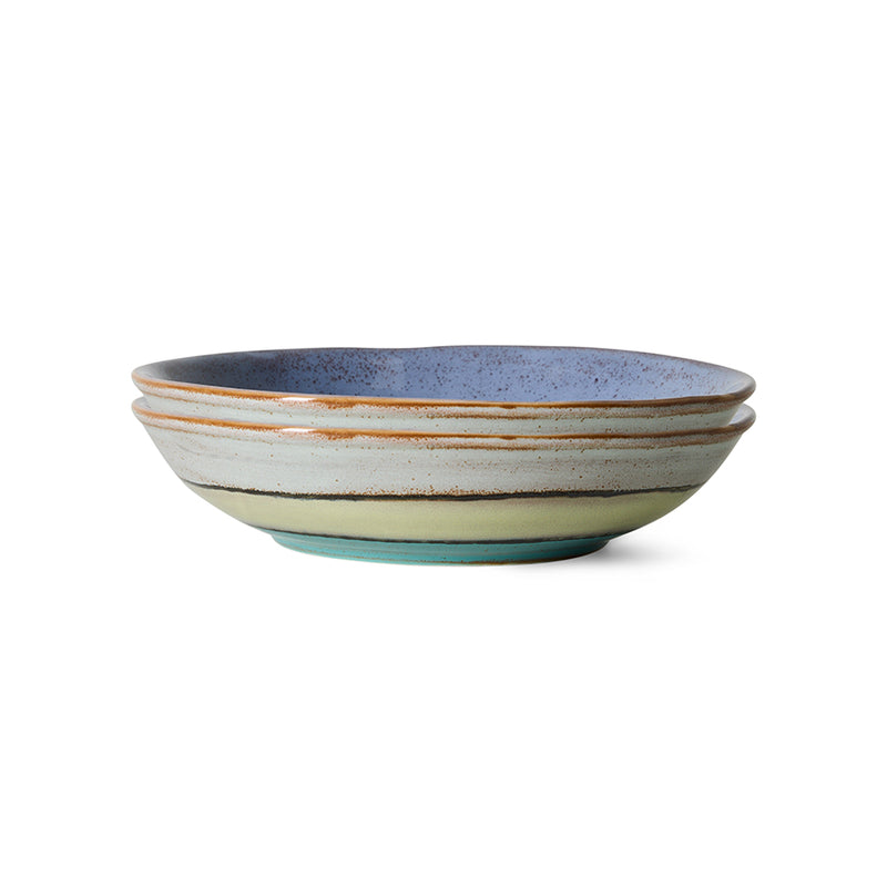 Set of two 70s ceramics curry bowls in Muted by HKLIVING, stacked showing the blue-grey interior and striped cream-sage-blue exterior
