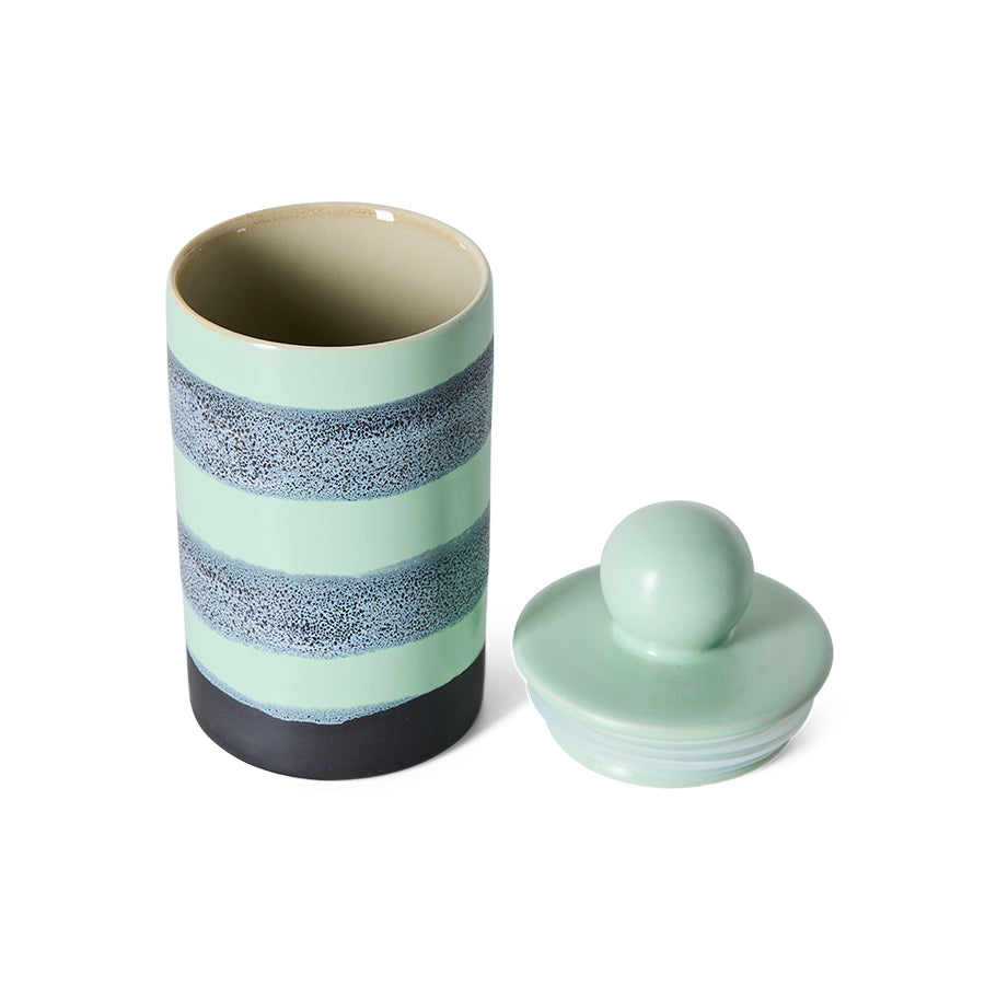 70s Ceramics Medium Storage Jar in River by HKLIVING, front view with the domed lid and round ceramic knob