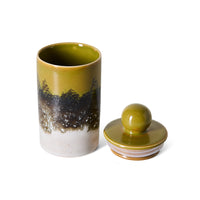 70s Ceramics Medium Storage Jar in Truffle by HKLIVING, front view with the domed lid and round ceramic knob