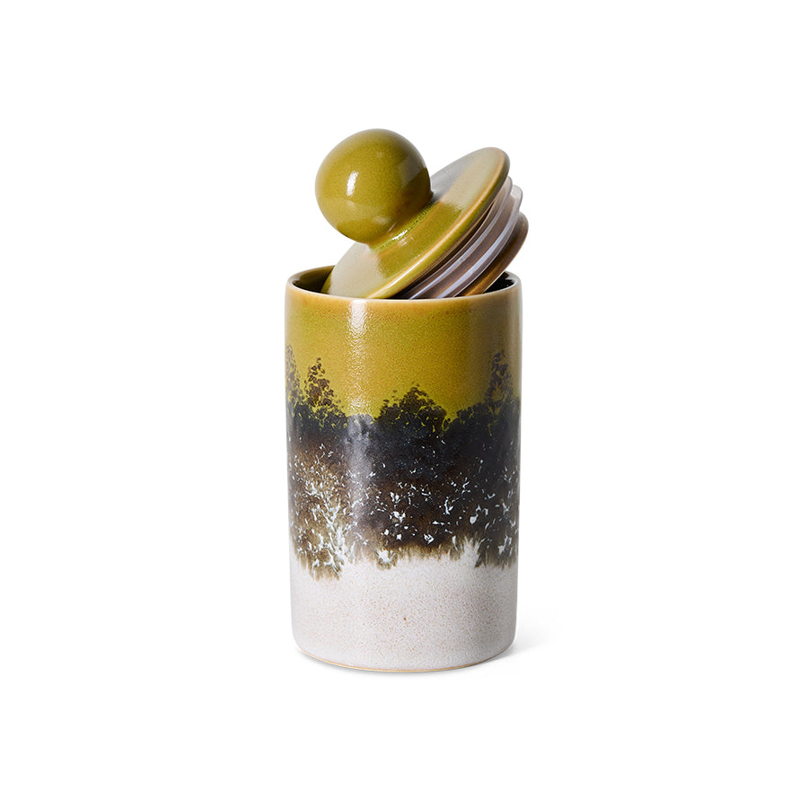 70s Ceramics Medium Storage Jar in Truffle by HKLIVING, alternate angle showing the mottled glaze detail