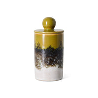 70s Ceramics Medium Storage Jar in Truffle by HKLIVING, olive and dark mottled stoneware jar, plain white background