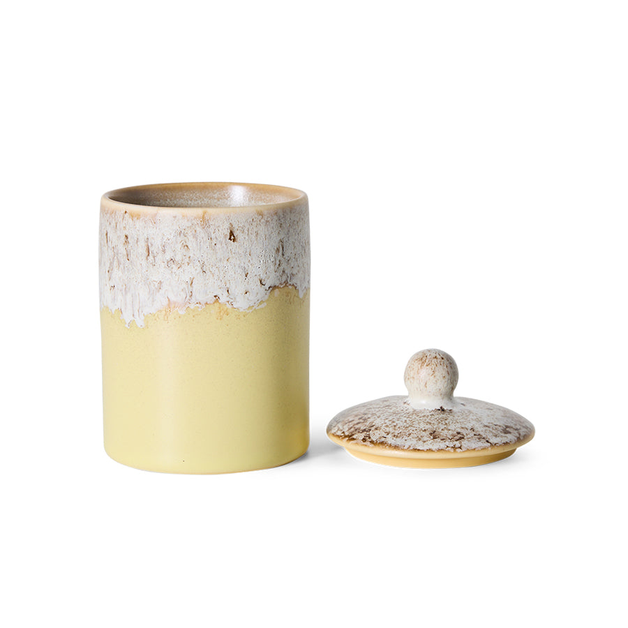70s Ceramics storage jar in Custard with the lid removed and placed beside it, showing the reactive cream-and-brown glazed top
