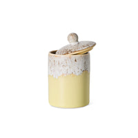 70s Ceramics storage jar in Custard with the lid resting ajar on top of the jar