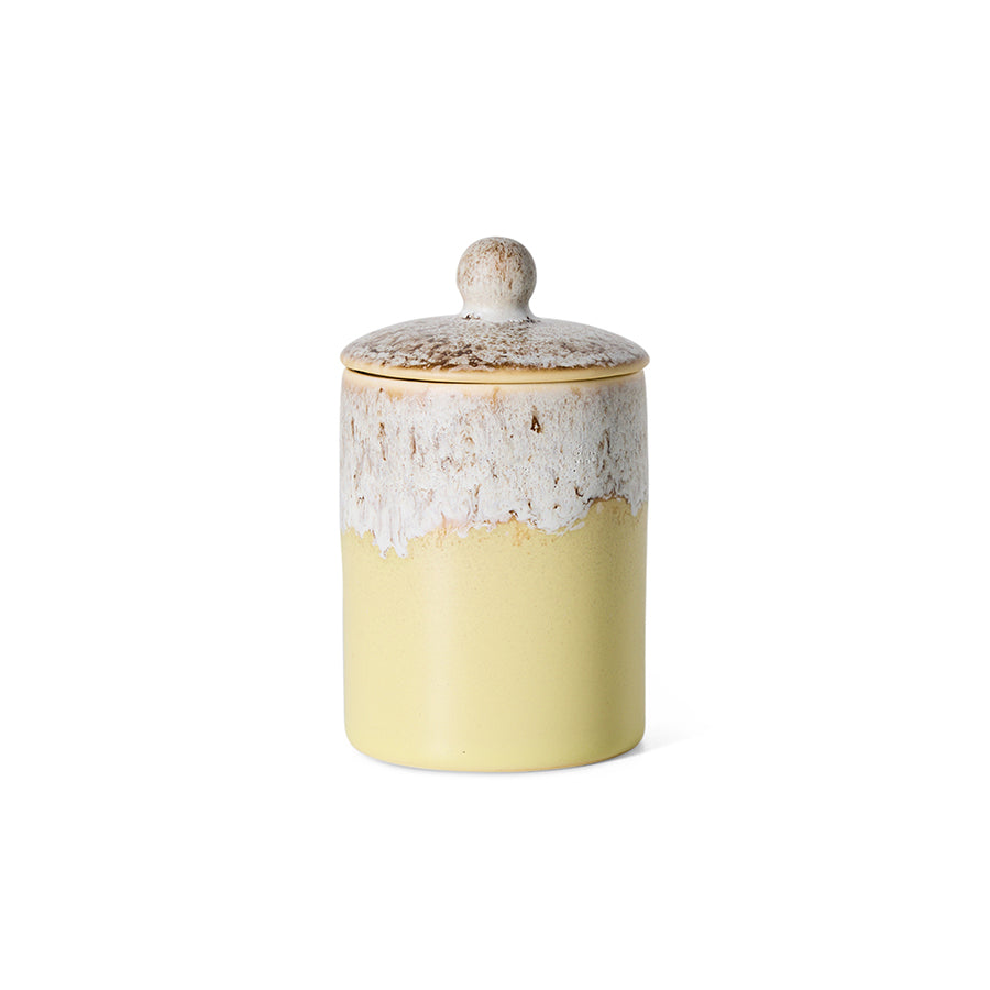 70s Ceramics storage jar in Custard by HKLIVING, closed stoneware jar with soft yellow base and mottled cream glazed top