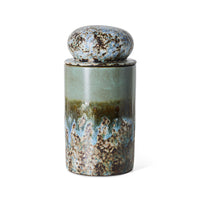 70s Ceramics Storage Jar in Agave by HKLIVING, tall reactive-glaze stoneware jar with domed lid on a plain white background