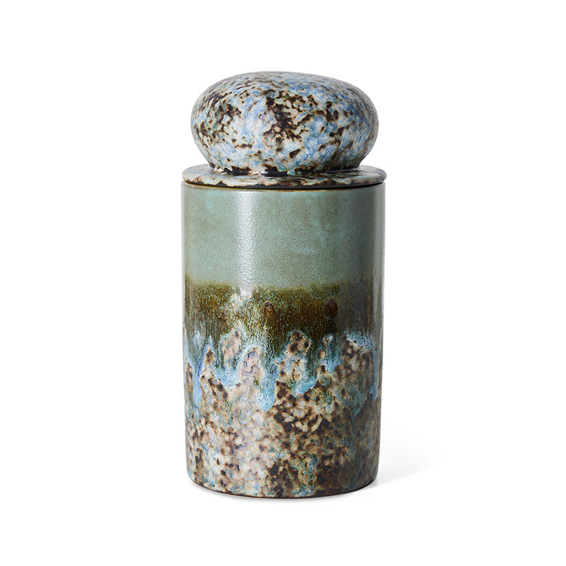 70s Ceramics Storage Jar in Agave by HKLIVING, tall reactive-glaze stoneware jar with domed lid on a plain white background