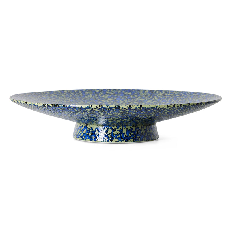 70s Ceramics Footed Fruit Bowl in Noise by HKLIVING, speckled blue and sage stoneware bowl on a pedestal base, plain white background