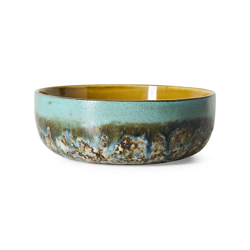 70s Ceramics Salad Bowl in Agave by HKLIVING, turquoise stoneware bowl with mustard-yellow interior, plain white background