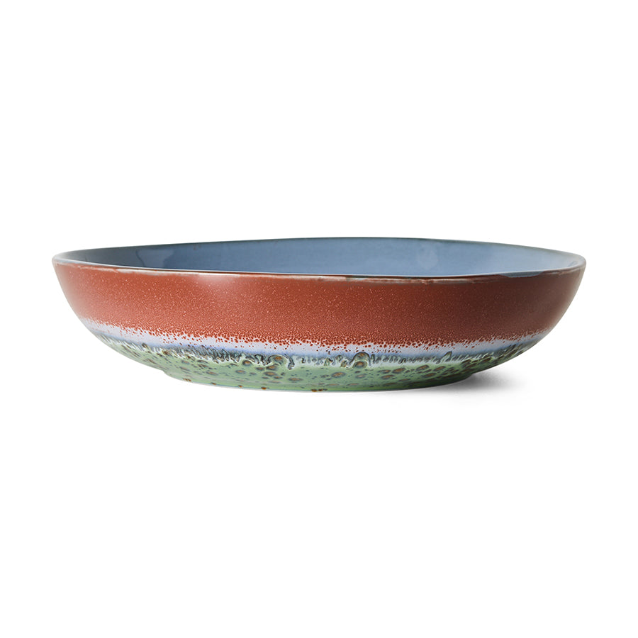 70s Ceramics Salad Bowl in Romance by HKLIVING, deep red stoneware bowl with blue interior and green speckled base, plain white background